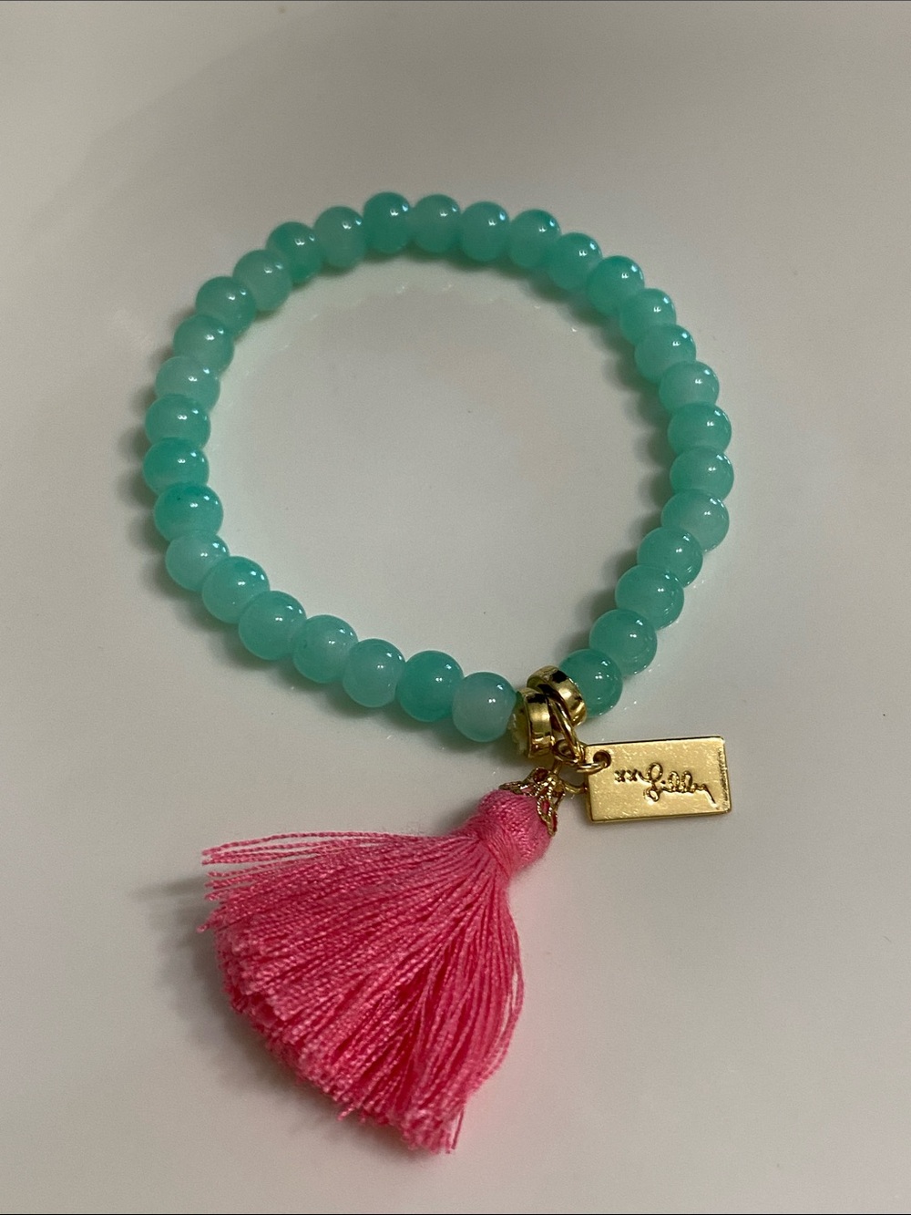 Lilly Pulitzer Aqua Beaded Stretch Bracelet with Pink Tassel